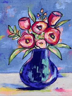 a painting of flowers in a blue vase