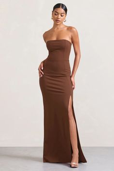 Belle of The Ball Brown Bandeau Maxi Dress With Split Hem – Club L London - USA Holiday Fits, Midi Bridesmaid Dress, Posh Spice, Bandeau Maxi Dress, Dress With Split, Sleek Dress, Black Bandeau, Black Dress Prom, Black Tie Gala