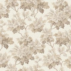 a beige and white wallpaper with leaves on the back ground, in an elegant pattern