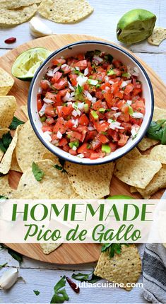 fresh pico de gallo with tortilla chips and salsa in a bowl on a cutting board