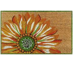 a door mat with an orange and white flower painted on the front part of it