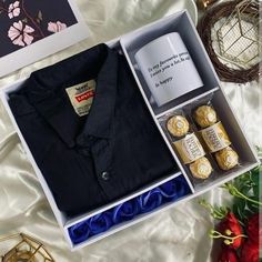 Birthday Box Ideas For Boyfriend Diy, What To Put In A Gift Box For Boyfriend, Gift Box For Men Birthdays, Boys Gift Ideas Boyfriends, Box Full Of Gifts, Shirt Hamper, Valentine Gift Ideas For Him, Gift Box For Boyfriend, Blue Artificial Flowers