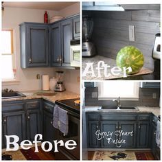 before and after pictures of kitchen cabinets painted in dark blue with white lettering on them