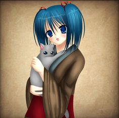 a girl with blue hair holding a cat in her arms and looking at the camera