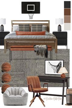 Teen boys basketball bedroom decor mood board! Masculine sports themed bedroom decor ideas Boys Basketball Room, Basketball Bedroom Decor, Boys Basketball Bedroom, Tilly Upholstered Bed, Sports Themed Bedroom, Basketball Bedroom, Basketball Room