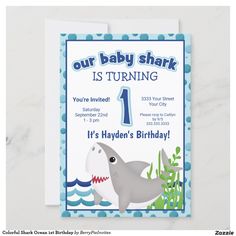 a baby shark is turning one birthday card