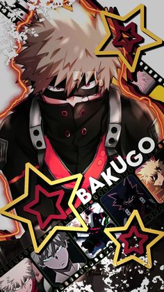 an anime character is surrounded by stars and other characters, including the words bakigo