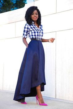 Gingham Shirt + High Low Full Skirt: Style Pantry waysify Áo Blu, Style Pantry, Rock Outfit, Fashion 2016, Skirt Maxi, Elegante Casual, Gingham Shirt, Long Skirts, Style Skirt