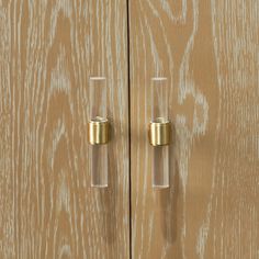 two clear glass doors with gold handles and knobs on wood paneled wallpaper