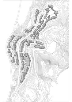 a drawing of a map with buildings and trees in the middle, on top of a hill