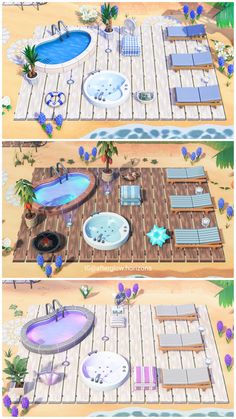 two different views of an outdoor swimming pool and hot tub in the middle of a wooden deck