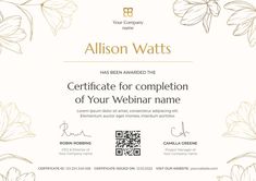 a certificate for completion of your webinar name is shown in gold and white