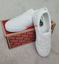 Bedazzled White Vans, Rhinestone Vans Shoes, Bling Vans Shoes, Vans Wedding Shoes The Bride, Bedazzled Vans, Pearl Vans, Custom Vans Slip On, Vans Wedding, Tenis Air