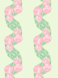 pink roses with green leaves are on a light green wallpaper pattern that looks like it is