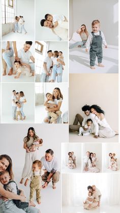 a collage of photos with people and babys posing for the camera in different poses