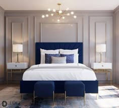 a bedroom with a large bed and blue upholstered headboard on the wall