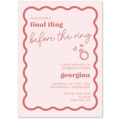 a pink and red wedding card with the words final fling before the ring on it