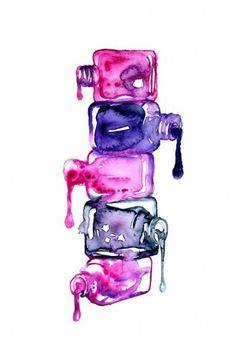 a watercolor painting of pink, purple and blue bottles stacked on top of each other