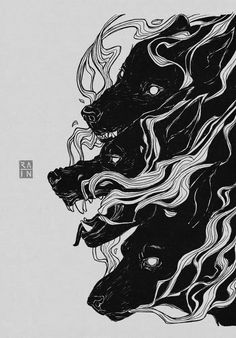 two black dogs with long hair are facing each other