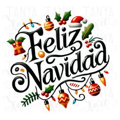 the word feliz naviddad surrounded by christmas decorations