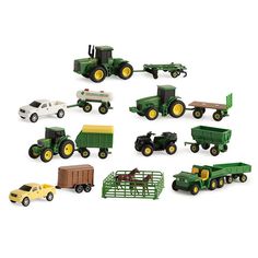 a bunch of toy trucks and farm vehicles