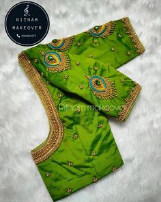 Bridal Blouse Back Neck Designs Latest, Parrot Green Aari Work Blouse, Hand Wark Blause Design, Parrot Green Blouse Design, Simple Peacock Blouse Designs, Green Maggam Work Blouses Design, Green Blouse Maggam Work Designs, Green Silk Blouse Designs, Green Aari Work Blouse