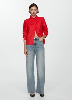 Linen 100% shirt -  Women | Mango USA Red Linen Shirt Outfit, Red Linen Shirt, Red Relaxed Fit Linen Shirt, Mango Tops For Women, Red Linen Relaxed Fit Shirt, Raw Mango Blouse, Mango Shirt Women, Linen Shirt Outfit, Mango Outlet