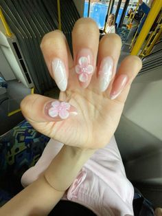 Pink Nails 3d Flowers, Japanese Almond Nails, Gel X Pink Nails, Light Pink Floral Nails, Nails For Japan Trip, Beabadoobee Nails, Nail Flower Designs Easy, Pink Nails Acrylic Almond, Lotus Flower Nails