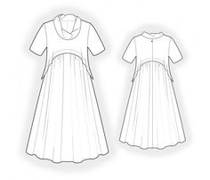 the front and back view of a women's dress with short sleeves, pleaed skirt