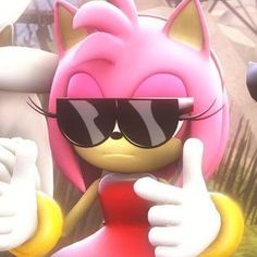 a cartoon character wearing sunglasses and holding a cell phone in front of an image of sonic the hedgehog