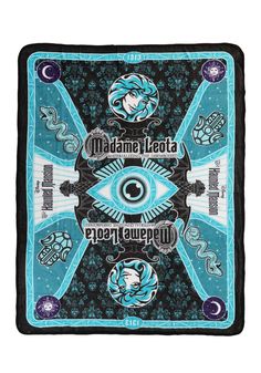 a blue and black square scarf with an all seeing eye in the center, surrounded by other symbols