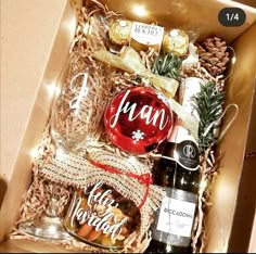 a box filled with wine and other items