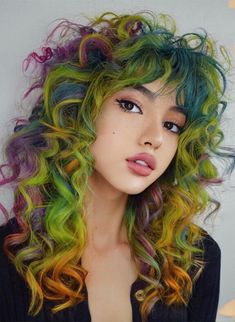 Vivid Hair Color, Green Tips, Side Swept Bangs, Yellow Hair, Halloween Hair, Creative Hairstyles, Hair Inspiration Color, Hair Inspo Color, Rainbow Hair