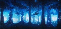 a painting of trees in the woods with blue lights shining on them and stars falling from the sky