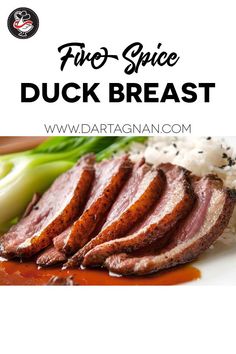 some meat and vegetables on a plate with the words, fine - spice duck breast