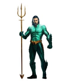 a man in green costume holding a spear and wearing an aqua - green outfit with gold accents