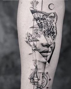 a woman's leg with an abstract tattoo design on the side of her thigh