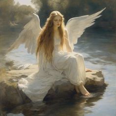 an angel sitting on top of a rock in the water