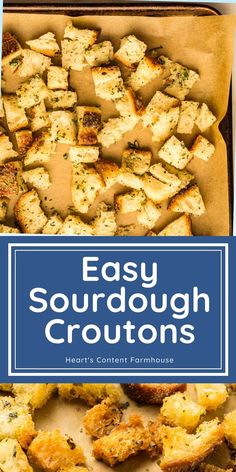 easy sourdough croutons in a box with text overlay