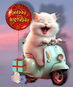 a white cat sitting on top of a scooter with a happy birthday balloon