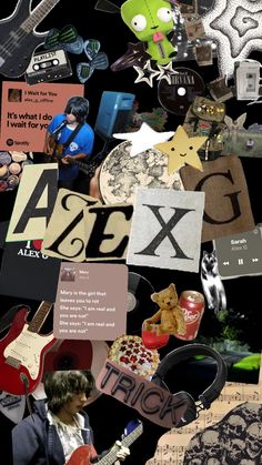 a collage of various items and words on a black background, including an image of a man with a guitar