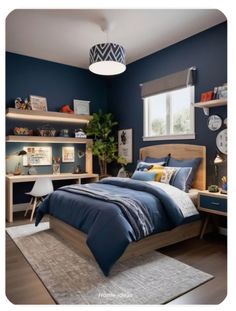 a bed room with a neatly made bed next to a desk and bookshelf