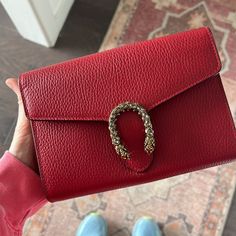 Very Gently Used But In Near Perfect Condition With The Exception Of A Small Scratch On The Bottom Of The Bag (You Can See In The Pic). Purchased Directly From Gucci. I’ve Had For Several Years, But It’s A Staple And Continues To Retail For $1800. I Moved To A Farm And Don’t Really Have A Use For It Anymore! Red Metal-Free Tanned Leather Antique Silver-Toned Hardware Tiger Head Spur Hand-Painted Edges Hand-Stitched Details 16 Card Slots And Two Bill Compartments Three Separate Interior Compartme Gucci Dionysus Mini, Pocket Chain, Chain Wallet, Tiger Head, Wallet Chain, Painting Edges, Small Accessories, Leather Chain, Gucci Dionysus