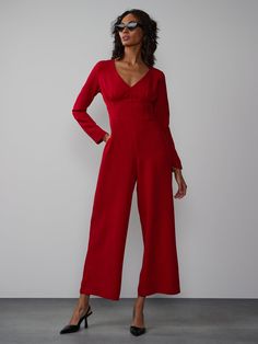 Evening V-neck Jumpsuits And Rompers For Fall, Formal Fall V-neck Jumpsuits And Rompers, Formal V-neck Jumpsuits And Rompers For Fall, Fall Evening V-neck Pantsuit, Elegant Long Sleeve Jumpsuits And Rompers For Fall, Fall V-neck Jumpsuits And Rompers For Night Out, Elegant V-neck Pantsuit For Fall, Fitted V-neck Jumpsuits And Rompers For Fall, Elegant Wide Leg Jumpsuits And Rompers For Fall