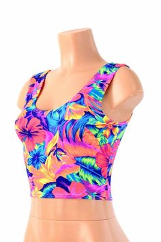 Neon UV Glow Tahitian Floral Print Scoop Neck Crop Top Festival Clubwear Rave EDM 154317 Fitted Tropical Colorful Swimwear, Fitted Colorful Tropical Swimwear, Colorful Vibrant Print Fitted Swimwear, Fitted Hawaiian Multicolor Swimwear, Multicolor Fitted Hawaiian Swimwear, Fitted Multicolor Hawaiian Swimwear, Glove Top, Neon Top, Rave Edm