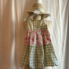 Sweet Tiered Dress With Matching Hat In A Green Check And Floral Pink And Green Print . The Dress Has Adjustable Button Closure In Back Which Adds Another Inch To The 22” Dress. The Had Has A Neck Tie That Match The Check On The Dress. All New With Original Tags Matching Hat, Spring Summer Dress, Rachel Zoe, Green Print, Tiered Dress, Straw Hat, Matching Sets, Summer Dress, Pink And Green