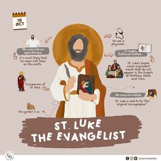 a man with a beard is sitting in a chair and holding a book that says, st luke the evangelist