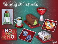 there are many different items on this christmas card, including cake and coffee mugs