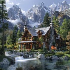 a painting of a log cabin in the mountains with a stream running through it and trees on both sides