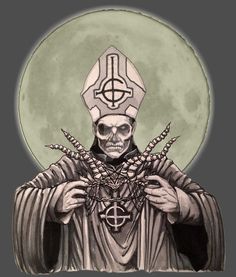 a black and white drawing of a skeleton wearing a priest's hat with the moon in the background